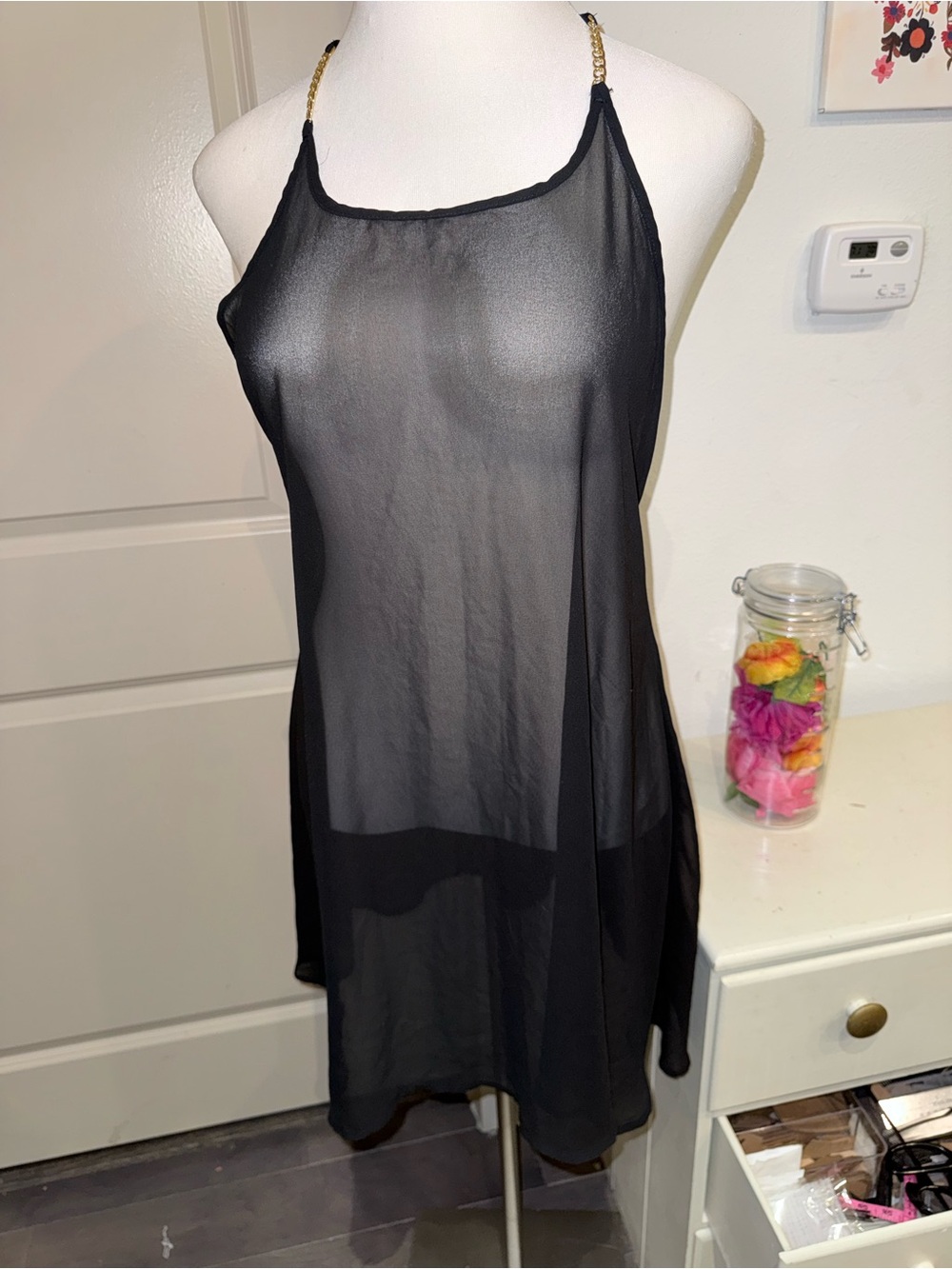 🖤 New Sexy Mesh & Chain Sheer Black Halter Swimsuit Cover Up 0XL